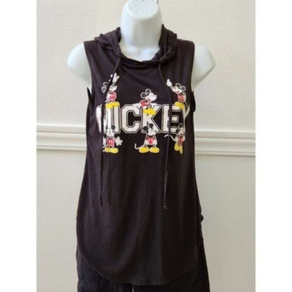 Disney Black Mickey Mouse Sleeveless Pullover Hooded T shirt Size Junior 7/9 - Picture 2 of 14